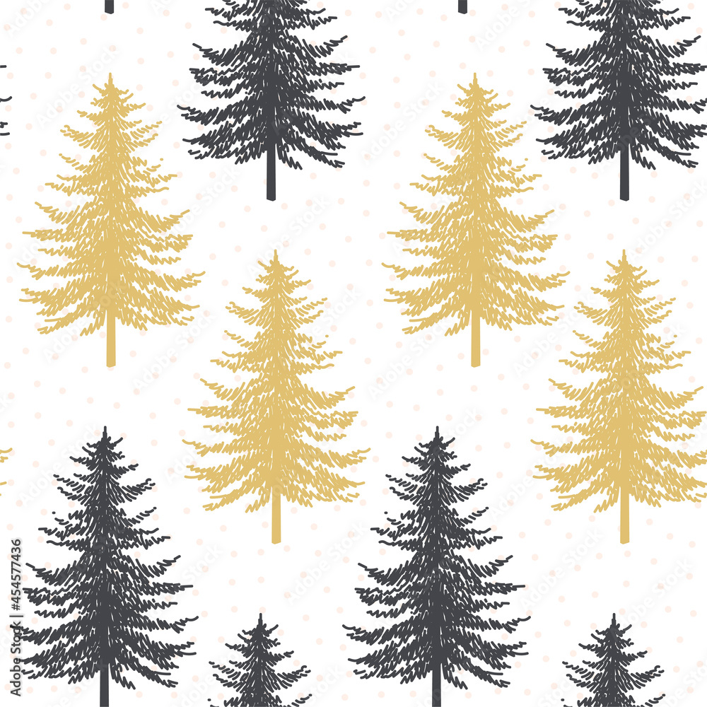 Christmas tree seamless pattern. Noel gold print, New year winter holiday decoration, golden christmas background with firs and snowflakes, wallpaper, wrapping paper design