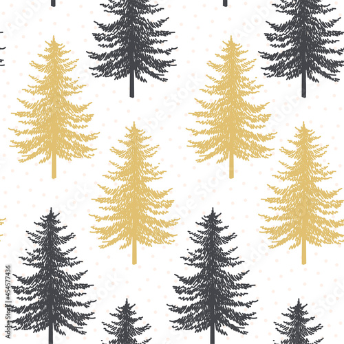 Christmas tree seamless pattern. Noel gold print  New year winter holiday decoration  golden christmas background with firs and snowflakes  wallpaper  wrapping paper design