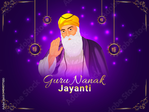 Sikh festival happy guru purab celebration background with vector illustration of guru nanak dev ji
