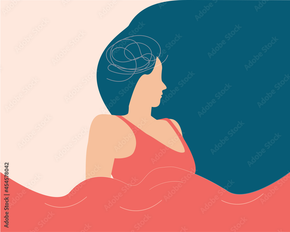 Woman stands in the choppy water feeling lost and stressed. Depressed girl with flying hair looks confused. Concept of mental health disorders, psychological problems or disease. Vector illustration Woman stands in the choppy water feeling lost and stressed. Depressed girl with flying hair looks confused. Concept of mental health disorders, psychological problems or disease. Vector illustration