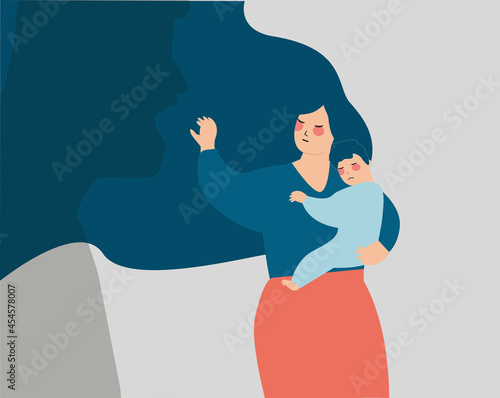 A mother protects her child from a man's shadow that threats him. Concept of family abuse, domestic violence, motherhood, negative parenting. Stop bullying children and women. Vector illustration.
