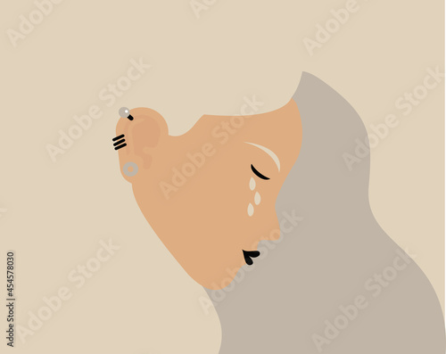 Sad young woman is crying and looks depressed. Side view of weeping girl emotions grief. Stressed child with piercings in the ear. Mental health disorders, abused teenager concept. Vector illustration