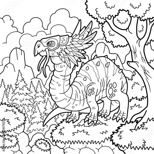 cartoon mythological dragon, coloring page, outline illustration