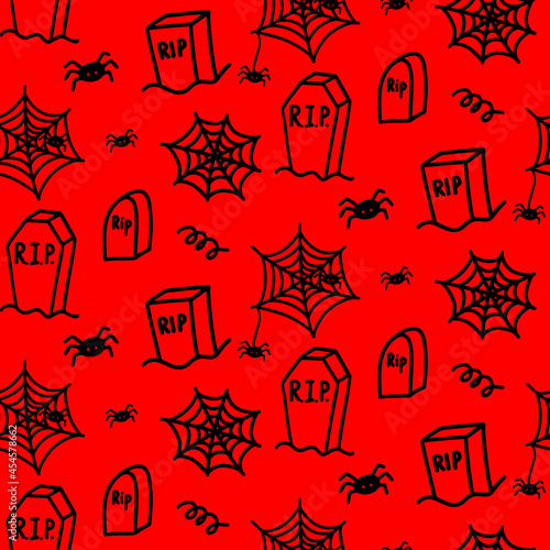 Vector halloween seamless pattern of grave, cobweb, spider, curls, cemetery. Funny, cute illustration for seasonal design, textile, decoration kids playroom or greeting card. Hand drawn doodle prints.