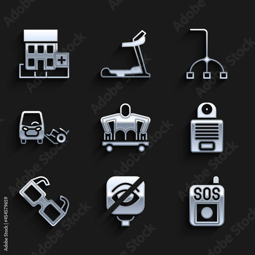 Set Man without legs sitting wheelchair, Blindness, Press the SOS button, Intercom, Eyeglasses, Disabled car, Walking stick cane and Medical hospital building icon. Vector