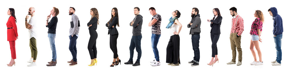 Group of many various casual or business people waiting in the line some calm others impatient. Full body length people isolated on white background