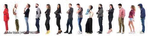 Group of many various casual or business people waiting in the line some calm others impatient. Full body length people isolated on white background
