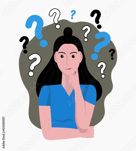 Young beautiful woman in deep thought. Female animated character expressing reflection. The concept of finding an answer to a question. Colored vector illustration.