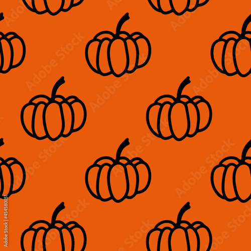Vector halloween seamless pattern pumpkins clipart on the orange. Funny, cute illustration for seasonal design, textile, decoration kids playroom or greeting card. Hand drawn prints and doodle.