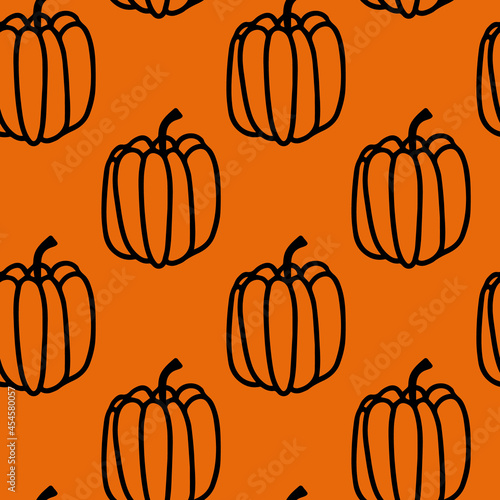 Vector halloween seamless pattern pumpkins clipart on the orange. Funny, cute illustration for seasonal design, textile, decoration kids playroom or greeting card. Hand drawn prints and doodle.