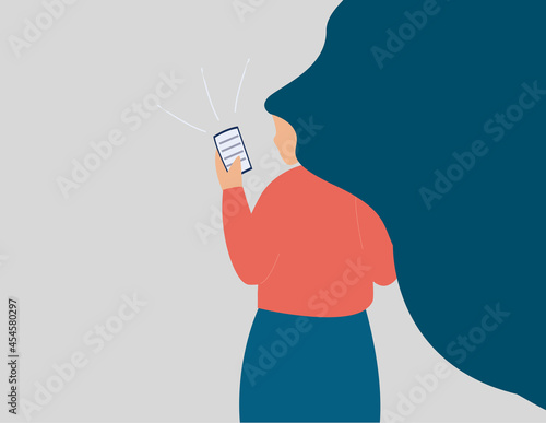 Girl surfing on the internet on her mobile. Young woman reads the news on her smartphone. Concept of communication via the phone,  fear of missing out, social media addiction. Vector illustration.