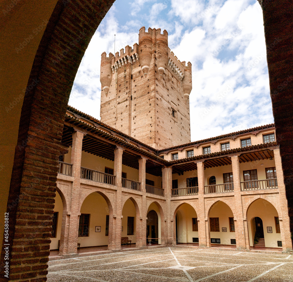 Panoramic view of the inner courtyard of La Mota Castle, a medieval castle located in the province of Valladolid, in central Spain..