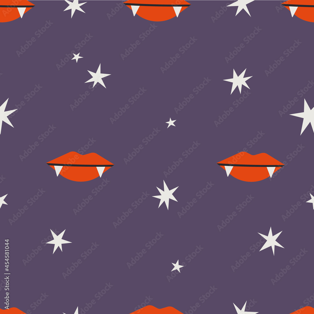 Obraz premium Vampire lips seamless vector pattern on purple background in flat cartoon style.
