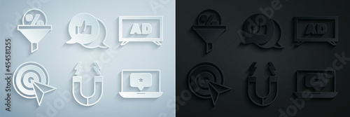 Set Magnet, Advertising, Target, Laptop with star, Customer product rating and Lead management icon. Vector