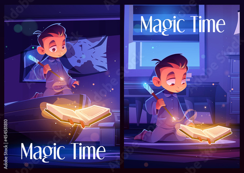 Magic time posters with boy reading spell book in bedroom at night. Vector flyers with cartoon illustration of young wizard in pajamas with magic wand and witchcraft book