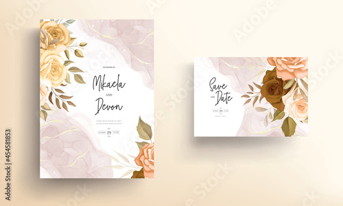 Beautiful autumn flowers wedding invitation card with alcohol ink