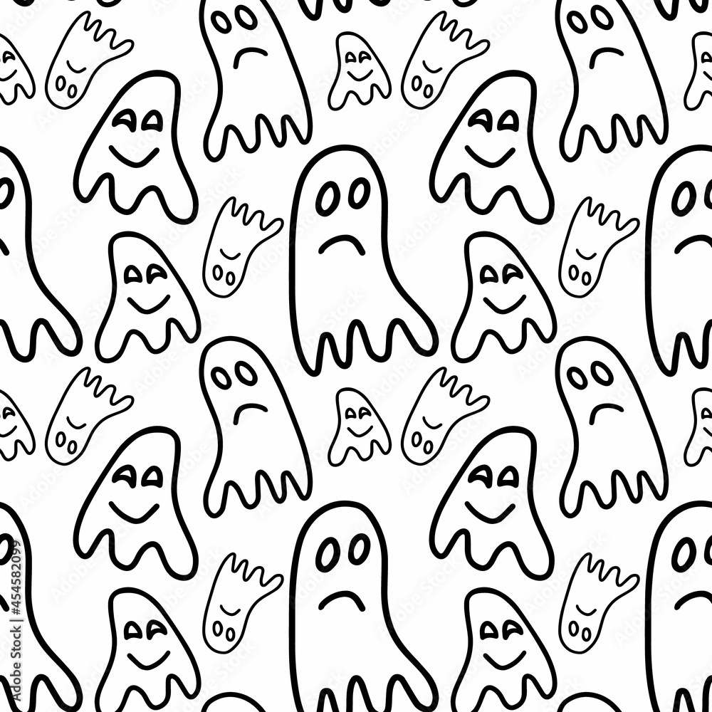Vector halloween seamless pattern of ghost isolated on white background. Funny, cute illustration for seasonal design, textile, decoration kids playroom or greeting card. Hand drawn prints and doodle.