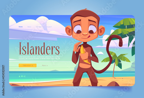 Islanders banner with monkey on sand beach with palm trees. Vector landing page of exotic vacation with cartoon tropical landscape of sea shore and ape with banana