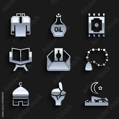 Set Donate or pay your zakat, Hands in praying position, Muslim man prays, Rosary beads religion, Mosque, Holy book of Koran, Traditional carpet and Shirt kurta icon. Vector