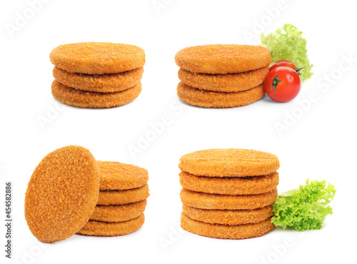 Set with tasty breaded cutlets on white background