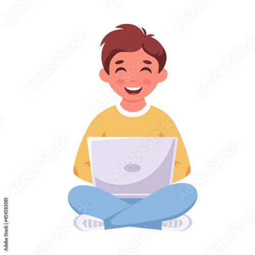 Boy sitting with laptop. Online learning, back to school concept. Vector illustration