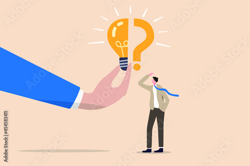 Man searching for answers with light bulb glowing over his head. Question mark and support template design