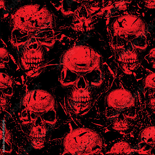 Seamless pattern with red sinister skulls looking out of the dark. Vector background with human skulls and blood drips in grunge style. Graphic print for clothing, fabric, wallpaper, wrapping paper