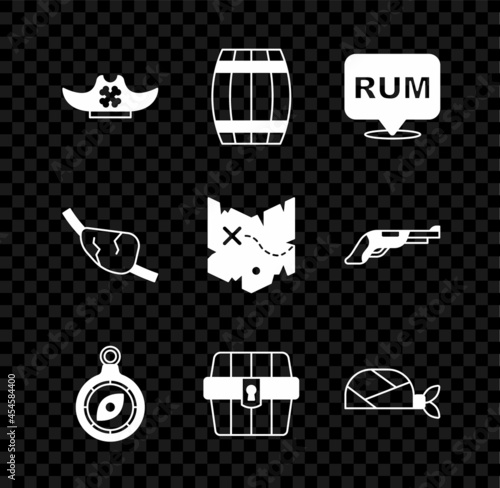 Set Pirate hat, Wooden barrel, Alcohol drink Rum, Compass, Antique treasure chest, bandana for head, eye patch and map icon. Vector