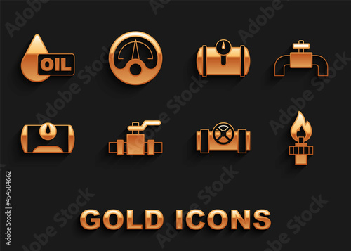 Set Metallic pipes and valve, Oil rig with fire, Gas tank for vehicle, drop and Motor gas gauge icon. Vector