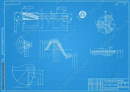 Mechanical engineering drawings on blue background. Tap tools, borer. Technical Design. Cover. Blueprint. Vector illustration.