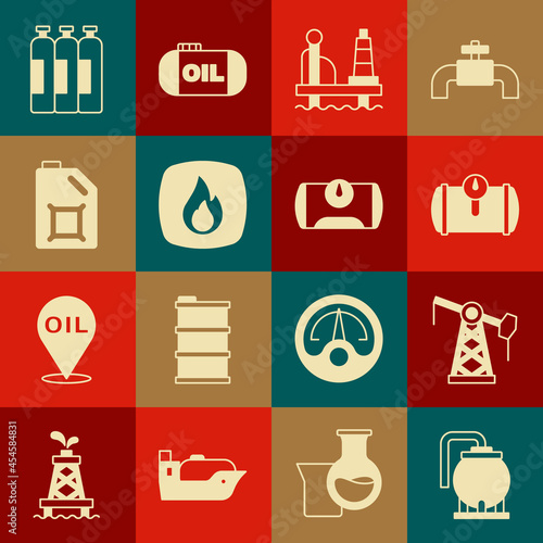 Set Oil tank storage, pump pump jack, Gas for vehicle, platform in the sea, Fire flame, Canister motor oil, Industrial gas cylinder and icon. Vector
