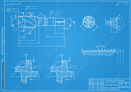 Mechanical engineering drawings on blue background. Tap tools, borer. Technical Design. Cover. Blueprint. Vector illustration.