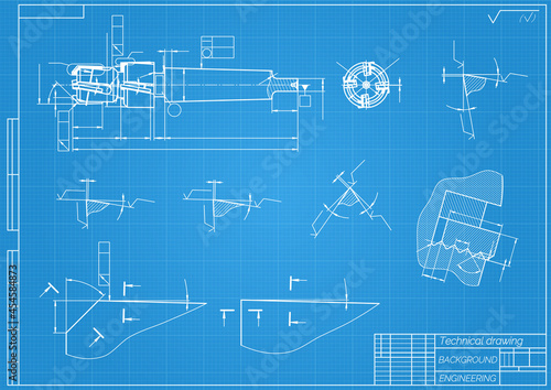 Mechanical engineering drawings on blue background. Tap tools, borer. Technical Design. Cover. Blueprint. Vector illustration.