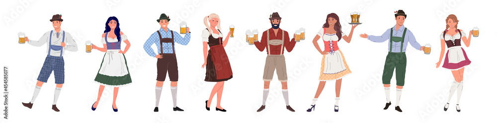 Group of people of different genders, in traditional German costumes. Oktoberfest characters set in retro style with glasses of beer in hands on a white background. Flat cartoon vector illustration