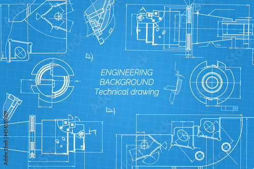 Mechanical engineering drawings on blue background. Tap tools, borer. Technical Design. Cover. Blueprint. Vector illustration.