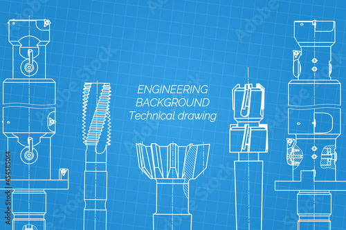 Mechanical engineering drawings on blue background. Tap tools, borer. Technical Design. Cover. Blueprint. Vector illustration.