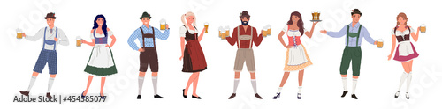 Group of people of different genders, in traditional German costumes. Oktoberfest characters set in retro style with glasses of beer in hands on a white background. Flat cartoon vector illustration
