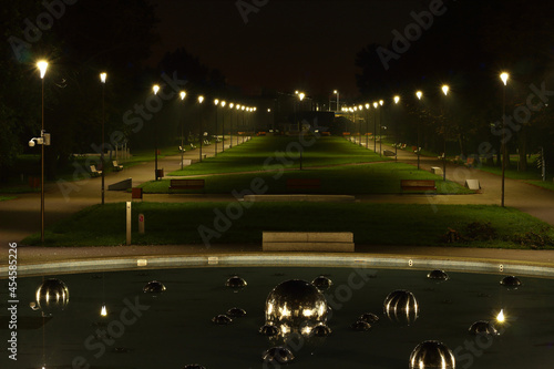 Poland, Lublin, View of the park at night. People's Park. 