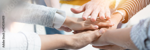 Panoramic header image of hand for work together concept, Hand stack for business and service, Volunteer or teamwork togetherness, Connection of community and charity. Team participation. photo