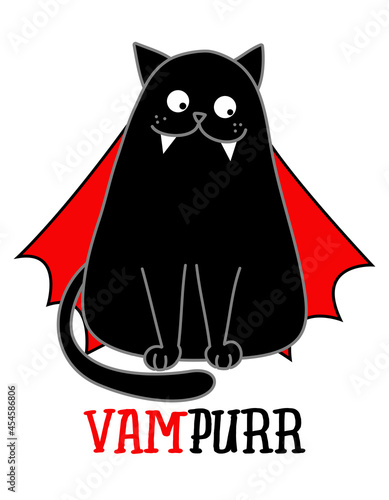 Happy Halloween, Vampurr, Vampire - funny quote design with cute vampire teeth black cat. Kitten for print. Adorable cat poster with lettering, good for t shirt, gift, mug or other print designs.
