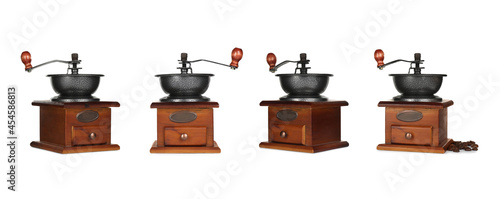 Set with vintage manual coffee grinders on white background. Banner design