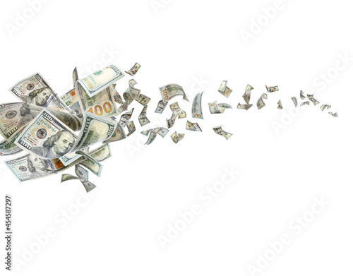 Many American dollars on white background. Flying money