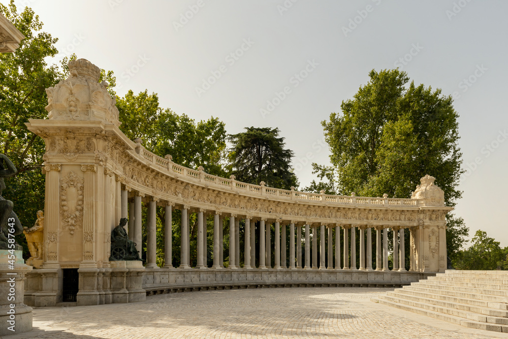 Ornamental colonnade of a monument in the Retiro Park in the center of Madrid