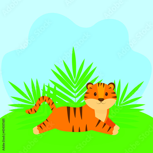  This is a card with a cute tiger. Vector illustration.