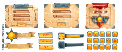 UI game button icon set, vector old parchment interface menu background, stone bar kit, health level. Ancient paper banner, ribbon, sign up window template, user login panel. UI game screen collection