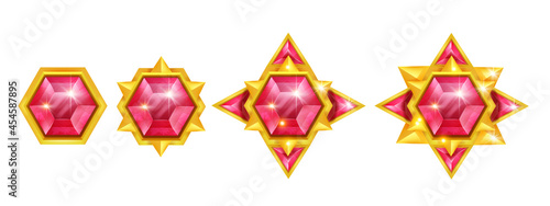 Game gem vector stone icon set, red crystal jewel treasure illustration kit, gold star award medal. Rating trophy UI badge, royal achievement reward design, level up magic objects. Game gem ruby asset