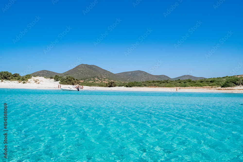 Beautiful view of the southern Sardinian sea. The incredible colors of Zafferano bay, Teulada, Italy.