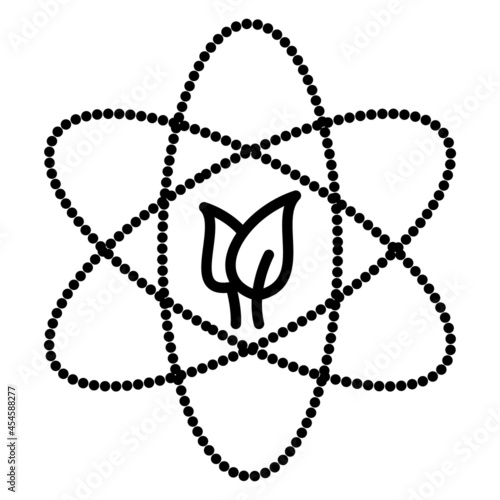 Safety of nuclear energy. Protection of nature from harm to industry. The atom sign and the foliage. Icon, vector, outline, isolated, 48x48 pixel.