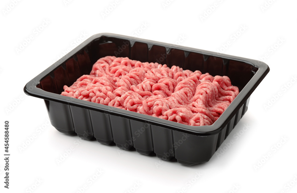 Fresh raw minced meat in black plastic tray Fresh raw minced meat in black plastic tray