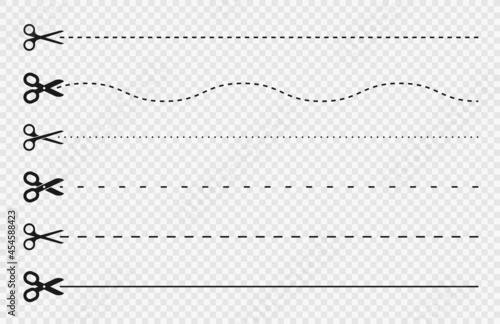 Cut lines and dashed lines, scissors icon. Cut line guide for coupon, tag and discount voucher. Black scissors with dotted line, paper cut guide. Vector